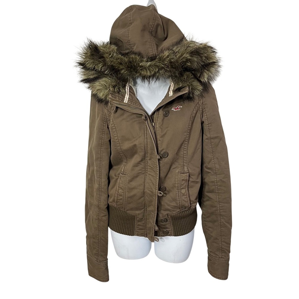 Hollister‎ Bomber Jacket Women Size L Brown Faux Fur Hood Y2K Bella Swan